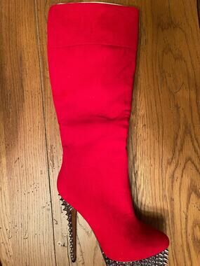 Kush Kouture Knee Hi Red 2" Spiked Platform 6" Stiletto High Heel Boots - Size 9